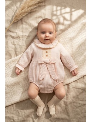 Mini Cayzen Baby Mia Vintage Pudra Pembe Müslin Bebek Romper Takımı - Dantel Detaylı %100 Pamuklu Fırfırlı Tulum ve Çorap Seti