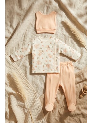 Babycan %100 Pamuklu 3'lü Kız Bebek Takımı - Tavşan Desenli Kimono Üst, Patikli Pantolon ve Kulaklı Bere Seti