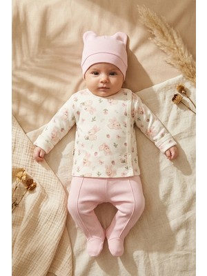 Babycan %100 Pamuklu 3'lü Kız Bebek Takımı - Tavşan Desenli Kimono Üst, Patikli Pantolon ve Kulaklı Bere Seti