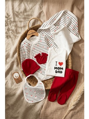 Babydonat Mammy&daddy %100 Pamuklu 7'li Bebek Hastane Çıkış Seti - Kırmızı Çizgili I Love Mom & Dad Tasarımlı Yenidoğan Takımı