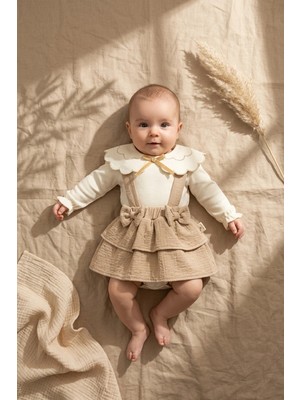 Mini Cayzen Baby Kız Bebek Kahve Müslin Salopet Etek ve Fisto Yakalı Body Kombini - Vintage Stil Şık Bebek Takımı