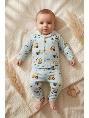 Babycan Erkek Bebek ve Çocuk Yeşil Iş Makineleri Desenli %100 Pamuklu Düğmeli Pijama Takımı - Premium Pijama Seti
