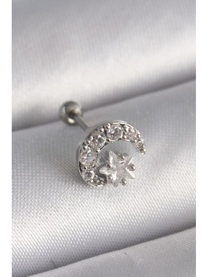 Epilons 316L Çelik Gümüş Renk Zirkon Taşlı Ay Yıldız Tragus Piercing TJ-PR1257
