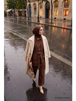 Armine Trend Tam Boy Düğmeli Çift Cepli Kuşaklı Ikili Takım Taba