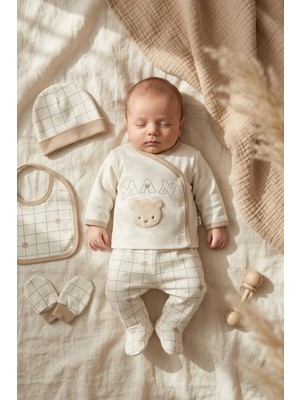 Gaye Nuvola Teddy Ayıcık Nakışlı 5'li Bebek Hastane Çıkışı Seti - %100 Pamuk Krem Ekose Desenli Yenidoğan Takımı