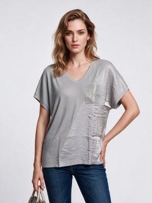 Daido Daıdo Kadın V Yaka Iki Kumaşlı Taş Detaylı Dökümlü Kısa Kollu T-Shirt 20Y331900230