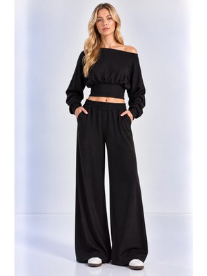 Mevese Kayık Yaka Korseli Crop Bluz - Cep Detaylı Palazzo Modal Takım - Siyah