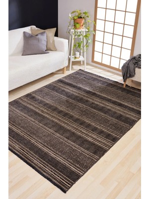 Bespoky Long Beach Antrasit Geometrik Etnik Modern Desenli Hav Vermeyen Leke Tutmayan Kolay Temizlenen Yumuşak Makine Salon Yolluk Mutfak Halı