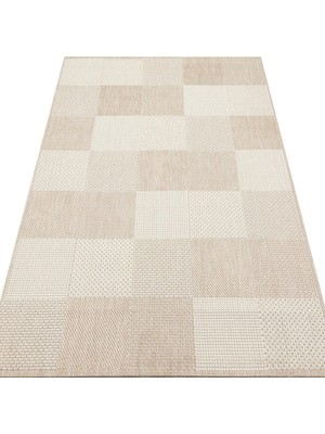 Bespoky Bej Geometrik Etnik Modern Desenli Pamuk Hav Vermeyen Leke Tutmayan Kolay Temizlenen Yumuşak Makine Salon Yolluk Mutfak Halı