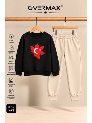 Overmax Türk Bayrağı Baskılı Çocuk Bisiklet Yaka Sweatshirt Eşofman Takımı- 3-12 Yaş