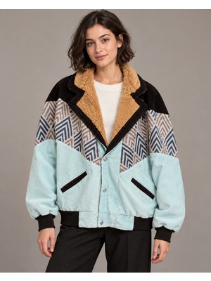 Can Moda Canmoda Unisex Kürklü Yaka Vintage Aztek Ceket Oversize 90'lar Mont - 8078