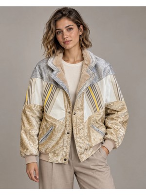 Can Moda Canmoda Unisex Kürklü Yaka Vintage Aztek Ceket Oversize 90'lar Mont - 8074