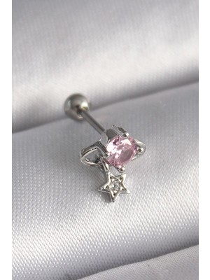 Epilons 316L Çelik Gümüş Renk Pembe Zirkon Taşlı Sallantı Yıldız Detay Tragus Piercing TJ-PR1237