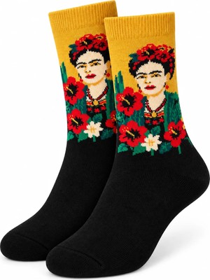 Can Moda Canmoda Frida Kahlo Desenli Unisex Soket Çorap Sarı Siyah 36-44
