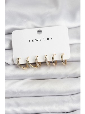 MiraLive Zirkon Taşlı Gold Renk Pirinç Kadın Küpe Seti TJ-BKP11481