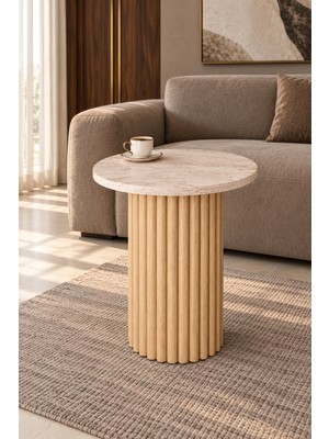 Soyasis Nola Bohem Tekli Yan Sehpa – Yuvarlak Tabla, Çıtalı Silindir Ayak, Ø40 cm