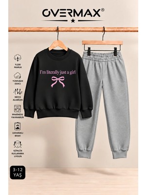 Overmax Kız Çocuk Just A Girl Baskılı Kapüşonsuz Eşofman Takımı- 3-12 Yaş