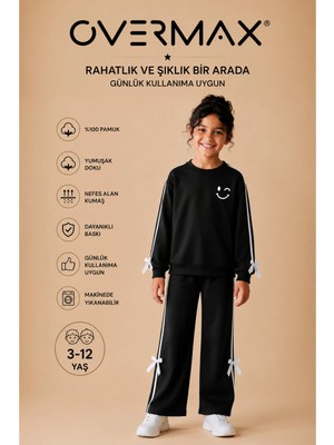 Overmax Kız Çocuk Şerit ve Fiyonk Detaylı Smile Baskılı Eşofman Takımı – 3-12 Yaş