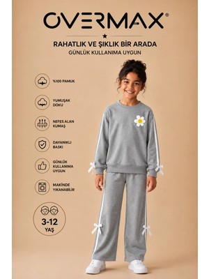 Overmax Kız Çocuk Şerit ve Fiyonk Detaylı Papatya Baskılı Eşofman Takımı – 3-12 Yaş