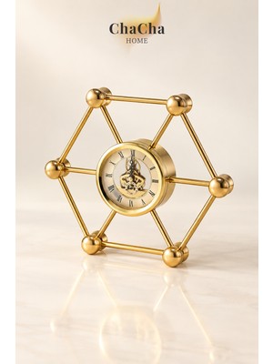 ChaCha Home Gold Altıgen Geometrik Metal Masa Saati 27 cm Dekoratif Roma Rakamlı Saat