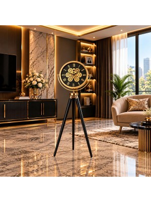Çarklı Duvar Saati Siyah Tripod Ayaklı 150CM Gold Metal Kasa Muyika Salon ve Ofis Büyük Duvar Saati