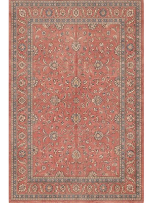 Rugzella Spindrift Soluk Kiremit Krem Klasik Çiçek Desenli Bordürlü Mavi Kısa Havlı Yıkanabilir Halı