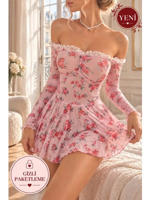 Neew Store Neewstore Kadın Toz Pembe Gül Desenli Fırfırlı Uzun Kollu Fantezi Gecelik