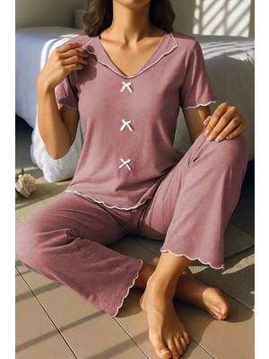 Neew Store Neewstore Pamuklu Gül Kurusu Fiyonk Detaylı Mevsimlik Pijama Takımı