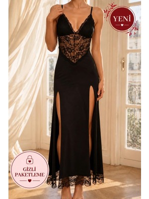 Neew Store Neewstore Gece Siyahı Dantel Panelli Ikili Derin Yırtmaçlı Maxi Fantazi Elbise
