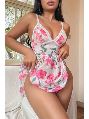 Neew Store Neewstore Pembe Çiçek Desenli Dantel Detaylı Gecelik