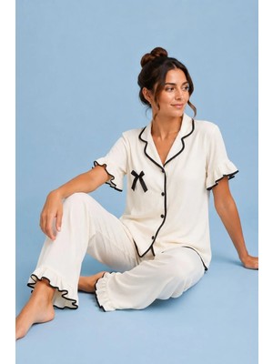 Neew Store Neewstore Kısa Kollu Fiyonk Detaylı Düğmeli Pijama Takımı