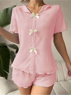 Neew Store Neewstore V Yaka Toz Pembe Pamuklu Fiyonk Detaylı Pijama Takımı