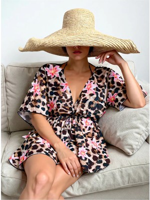 Neew Store Neewstore Leopar Baskılı Bağcık Detaylı Pareo Plaj Elbisesi