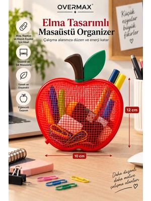 Overmax Elma Tasarımlı Masaüstü Organizer 12 × 10 cm - Fileli Ataş, Silgi ve USB Düzenleyici - Ofis Aksesuarı