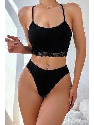 Neew Store Neewstore Ynt Kadın Siyah Dantel Detaylı Askılı Iç Çamaşır Takımı