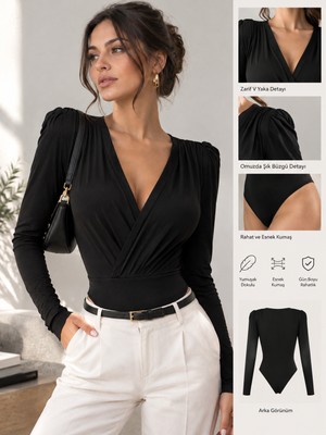 Nido Moda Kadın Kruvaze Yaka Uzun Kollu Body