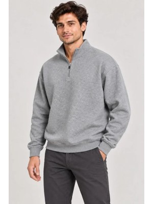 RKM Ticaret Erkek Üç Iplik Içi Şardonlu Dik Yaka Yarım Fermuarlı Kışlık Sweatshirt - Gri