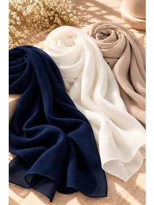 Cassenta Scarf Fiore Pamuklu Şal Düz Renk Tesettür Şalı Üçlü Set Lacivert - Beyaz - Vizon