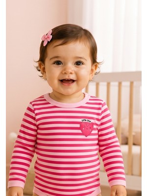 Hafy Baby Little Love Serisi, Kız Bebek, Çizgili Kalp Baskılı Uzun Kollu Zıbın/ Body