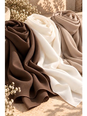 Cassenta Scarf Fiore Pamuklu Şal Düz Renk Tesettür Şalı Üçlü Set Acı Kahve - Beyaz - Vizon