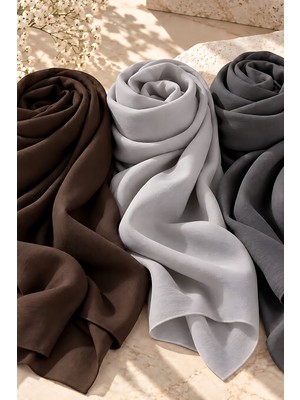 Cassenta Scarf Fiore Pamuklu Şal Düz Renk Tesettür Şalı Üçlü Set Acı Kahve - Açık Gri - Antrasit