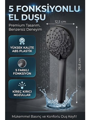 Banyonatural Yüksek Basınçlı Duş Başlığı - Mat Siyah 4 Fonksiyonlu Tazyikli El Duş Başlığı