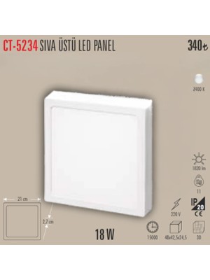 Cata CT-5234SIVA ÜSTÜ LED PANEL beyaz kasa 1adet - 18 W - Beyaz