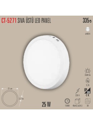 Cata CT-5271SIVA ÜSTÜ LED PANEL 1adet - 25 W - Beyaz