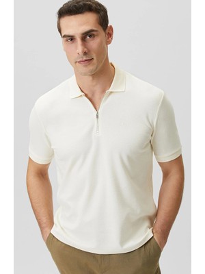 Network Kırık Beyaz Fermuarlı Polo Yaka Jakarlı T-Shirt