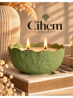 Cihem Butik Avakado Yeşili & Gold Dekoratif Çift Fitilli Vanilyalı Mum - Tekli