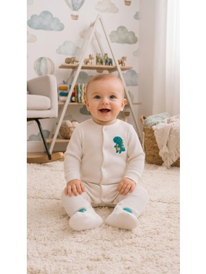 Hafy Baby Dino Serisi, Erkek Bebek, Dinazor Nakışlı Patikli Tulum