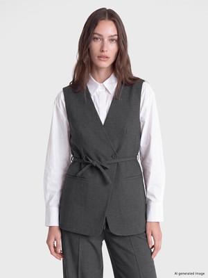 LC Waikiki Lcw Modest Antrasit Kruvaze Yaka Beli Kuşaklı Kadın Klasik Yelek