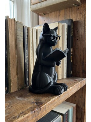 Abundix 3d Studio Tasarım Kitap Okuyan Kedi Heykeli / Estetik Kitaplık ve Raf Dekoru, Kitapsever Hediyesi