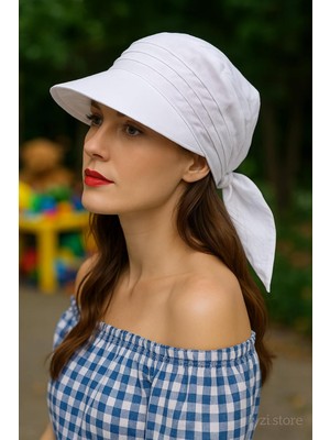 Happy Trend Kadın YAZLIK%100 Pamuk Safari Bağlamalı Siperli Bandana Vizör Beyaz Standart